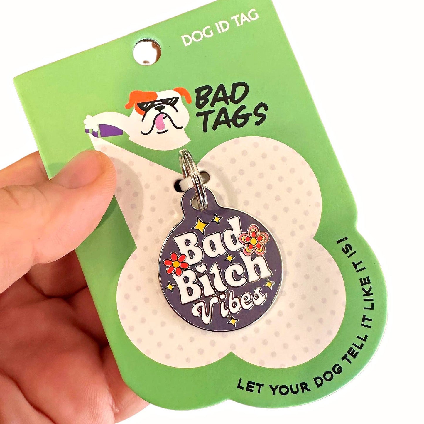 Bad Tags - Dog ID Tag with Personalized QR Code - Bad Bitch Vibes - Pink / Small 1" / Engraved QR Code