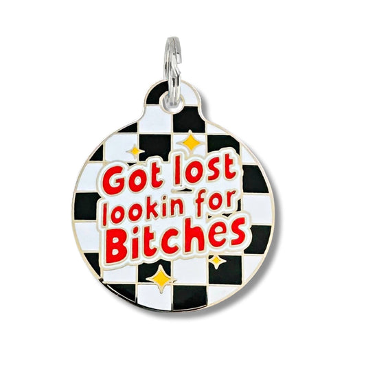 Bad Tags - Funny Dog Tag w/ Scannable QR Code - Looking for Bitches - Engraved QR Code / Large 1.25"