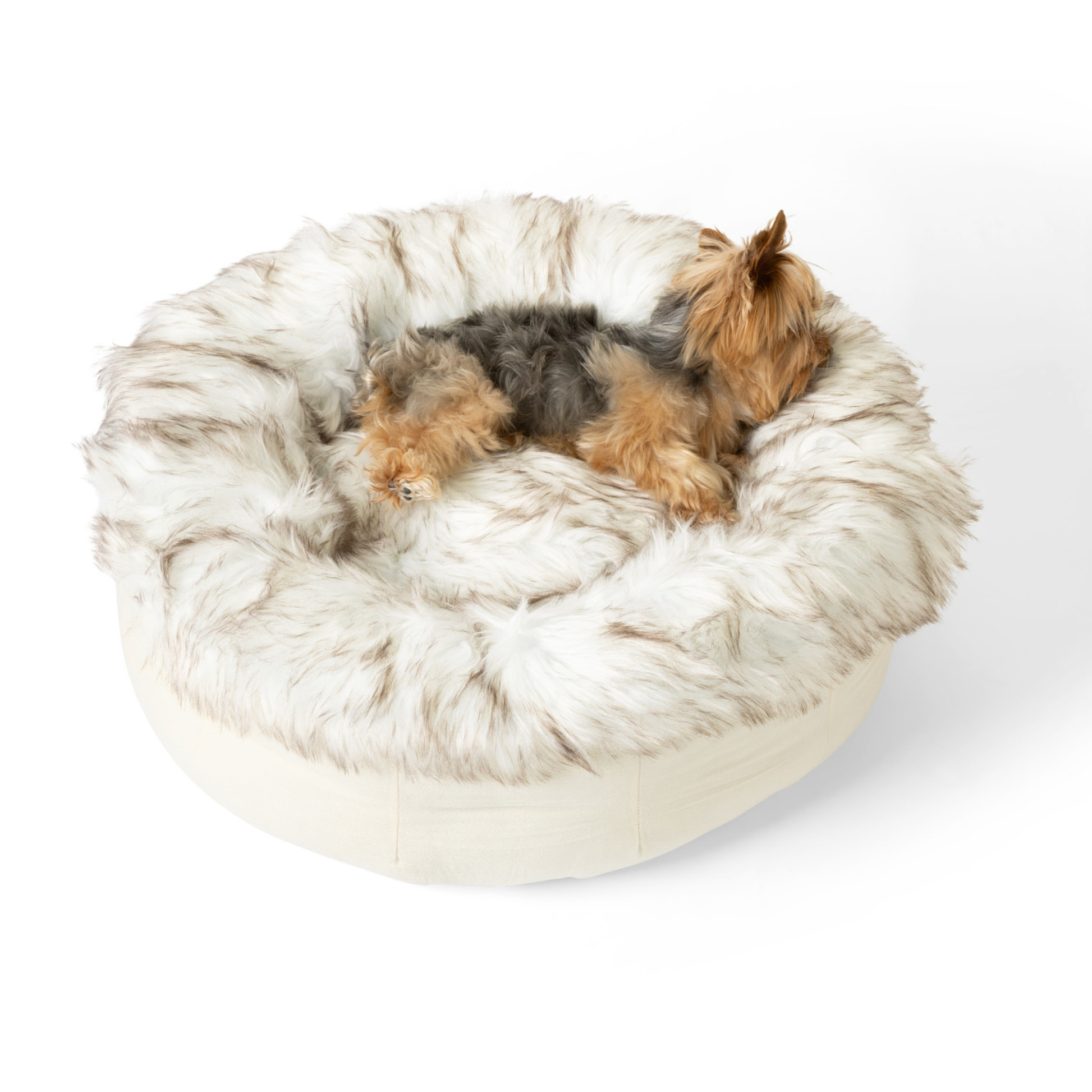 PupPouf™ Faux Fur Donut Dog Bed - White with Brown Accents - Doot's Pet LLC Collars For A Cause