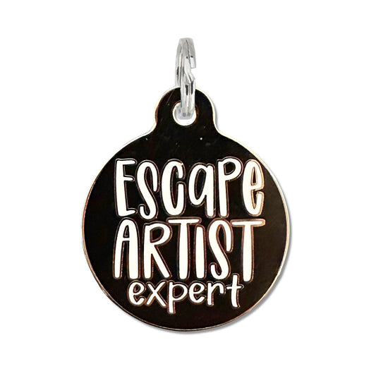 Bad Tags - Escape Artist Expert - Pet ID Tag or Dog Collar Charm - Black / Engraved QR Code / Small 1"