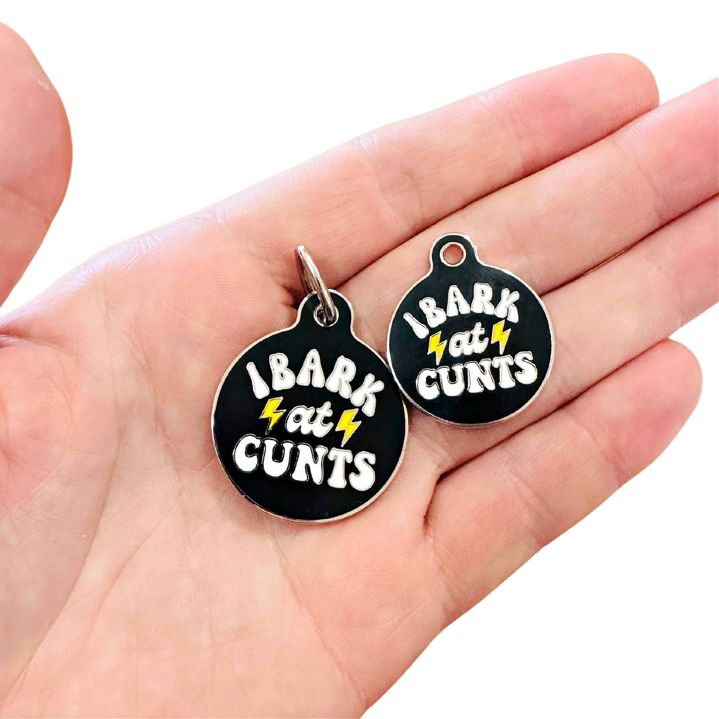 Bad Tags - Funny Dog ID Tag w/ Scannable QR Code - I Bark at Cunts - Large / Black / Engraved QR Code