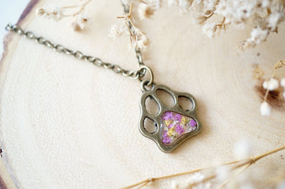 Real Dried Flowers in Resin Necklace, Dog Paw in Pink Yellow White