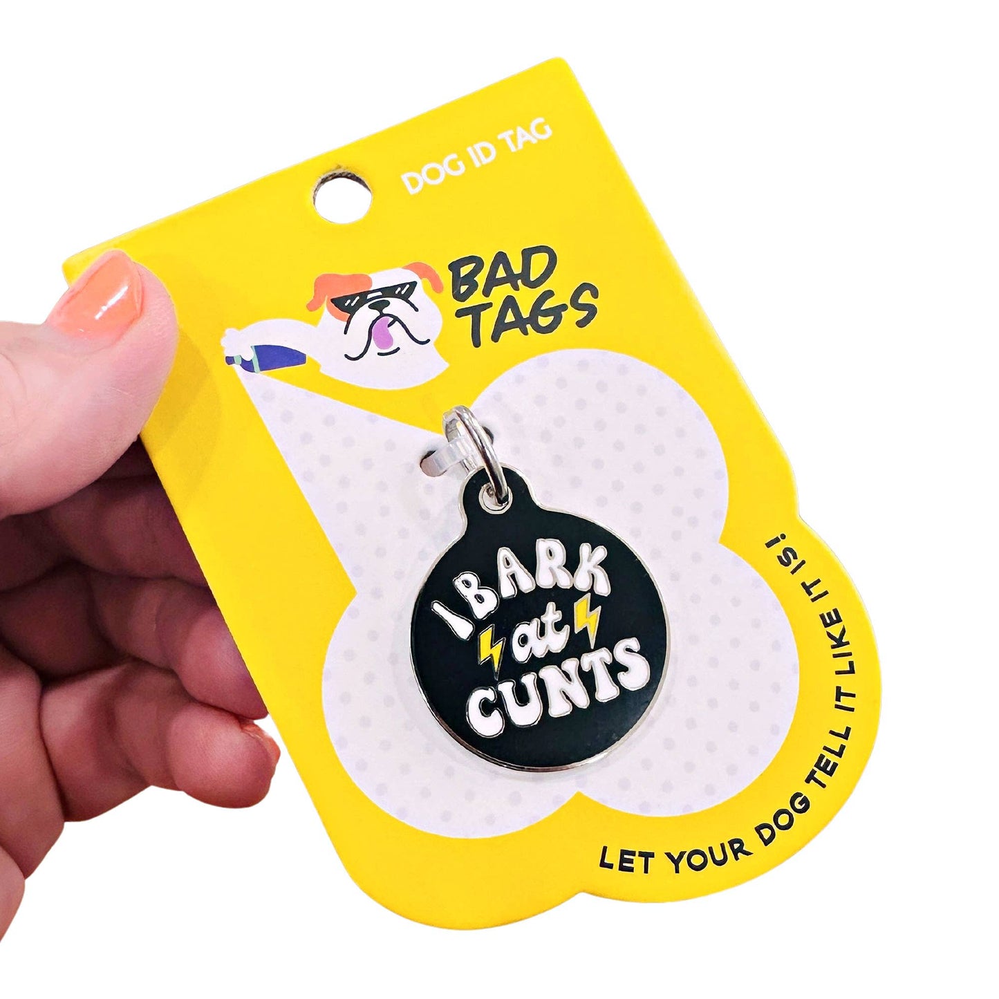 Bad Tags - Funny Dog ID Tag w/ Scannable QR Code - I Bark at Cunts - Large / Black / Engraved QR Code