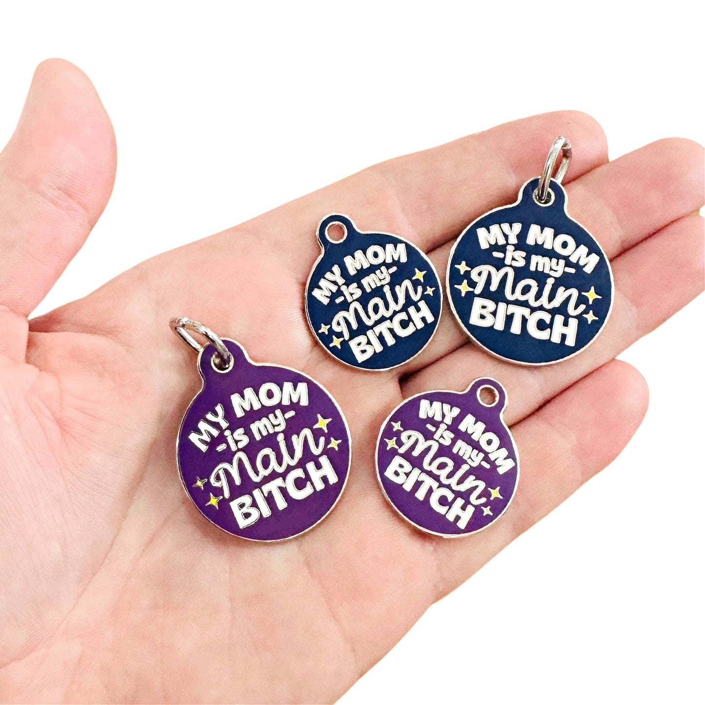 Bad Tags - Personalized Pet ID Tag w/Scannable Code - Mom my Main Bitch - Royal Purple / Engraved QR Code / Small 1"
