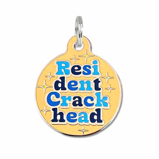 Bad Tags - Funny Dog Tag Charm w/ Scannable Code - Resident Crackhead - Orange / Engraved QR Code / Large 1.25"