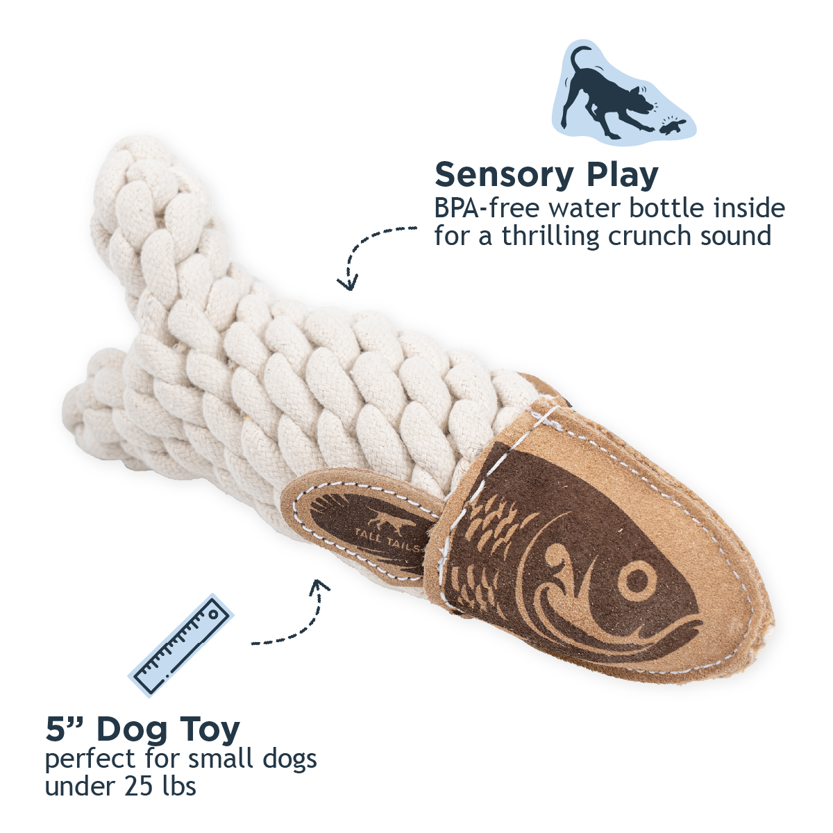 Tall Tails - Natural Leather Crunch Fish Rope Dog Toy