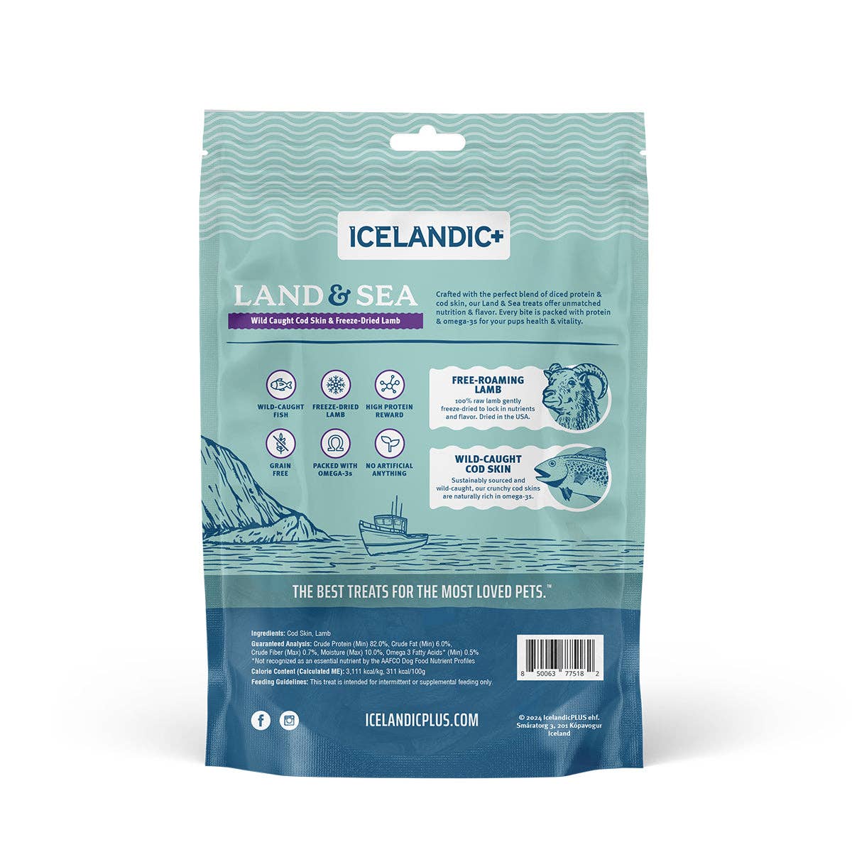 Icelandic+ - Land & Sea Cod Skin & Freeze-Dried Lamb Treats for Dogs