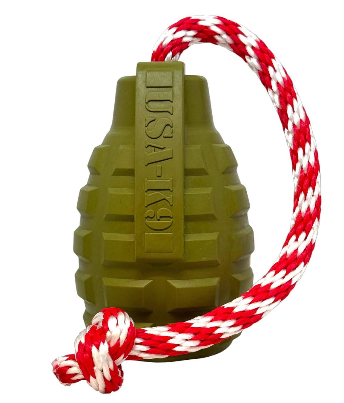 USA-K9 Grenade Shaped Rubber Dog Toy - Chew, Treat Dispenser & Tug Toy | USA - Army Green - Doot's Pet LLC Collars For A Cause