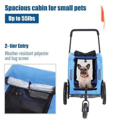 2-in-1, 3 Wheel Pet Jogging Stroller Bike Trailer