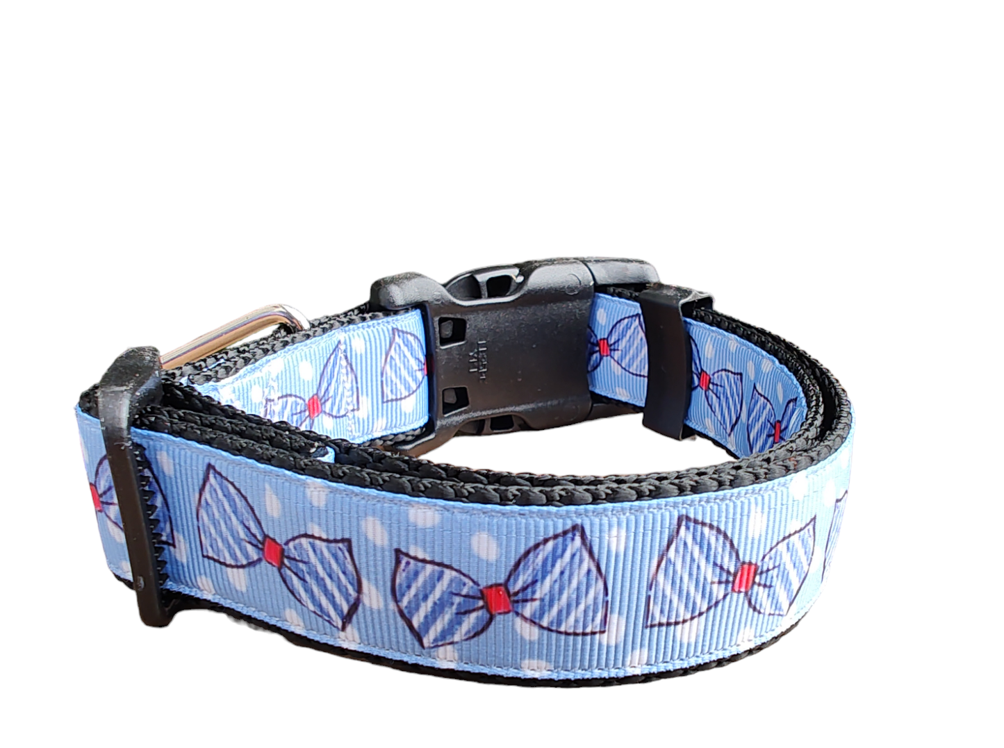 Blue Bow Ties Black Nylon Dog Collar MD, LG, XL, Leash - Doot's Pet LLC Collars For A Cause