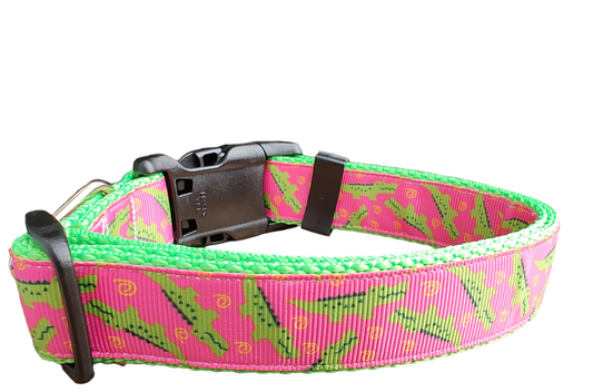 Pink Alligator Neon Green Nylon Dog Collar MD, LG, XL, Leash - Doot's Pet LLC Collars For A Cause