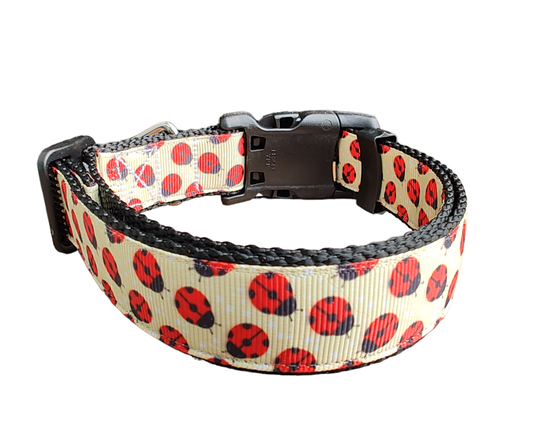 Yellow Ladybugs Black Nylon Dog Collar MD, LG, XL, Leash - Doot's Pet LLC Collars For A Cause