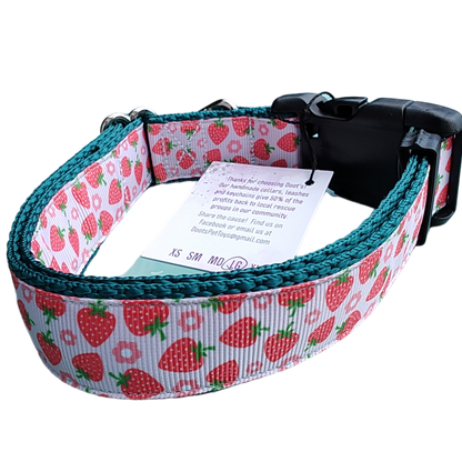 Strawberry Flowers Green Nylon Dog Collar MD, LG, XL, Leash - Doot's Pet LLC Collars For A Cause