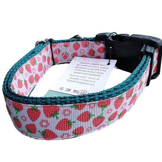 Strawberry Flowers Green Nylon Dog Collar MD, LG, XL, Leash - Doot's Pet LLC Collars For A Cause