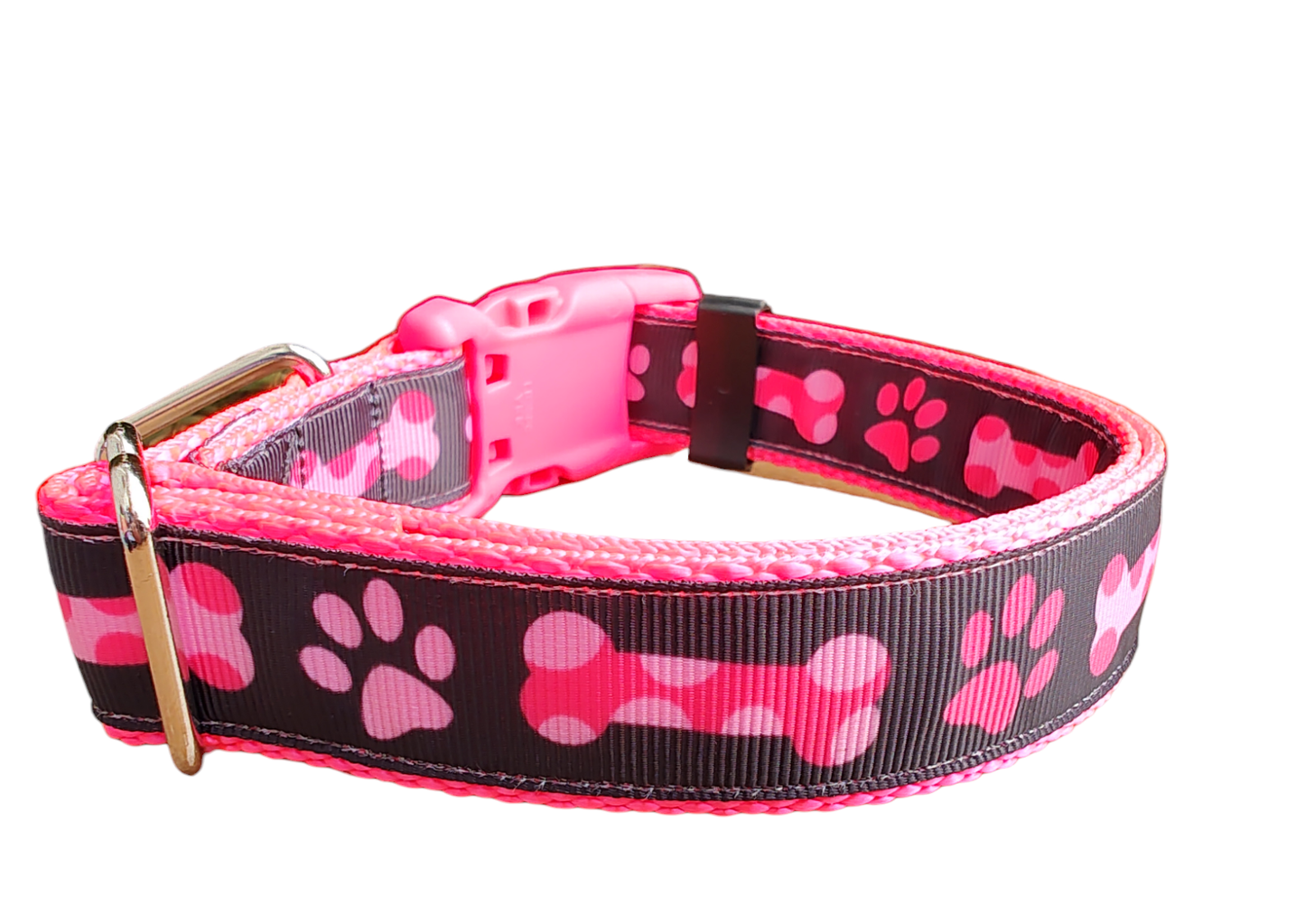 Bones and Paws Hot Pink Nylon Dog Collar MD, LG, XL, Leash - Doot's Pet LLC Collars For A Cause