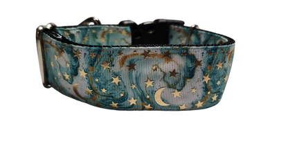 1.5" Wide Light Blue Stars and Moons Nylon Dog Collar