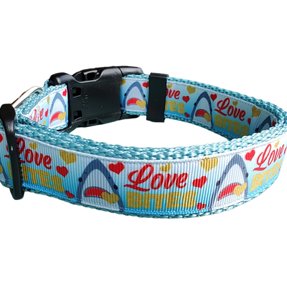 Love Bite Sharks Lt Blue Nylon Dog Collar MD, LG, XL, Leash - Doot's Pet LLC Collars For A Cause