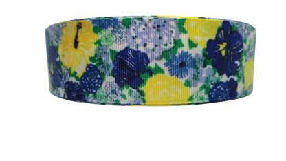 1.5" Wide Blue & Yellow Floral Nylon Dog Collar