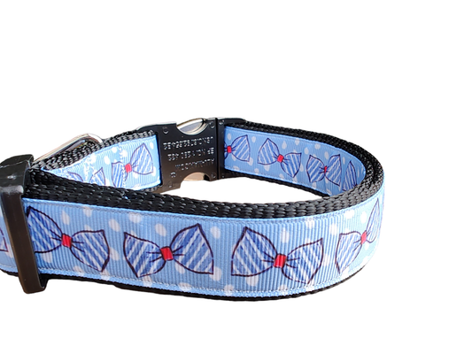 Blue Bow Ties Black Nylon Dog Collar MD, LG, XL, Leash - Doot's Pet LLC Collars For A Cause