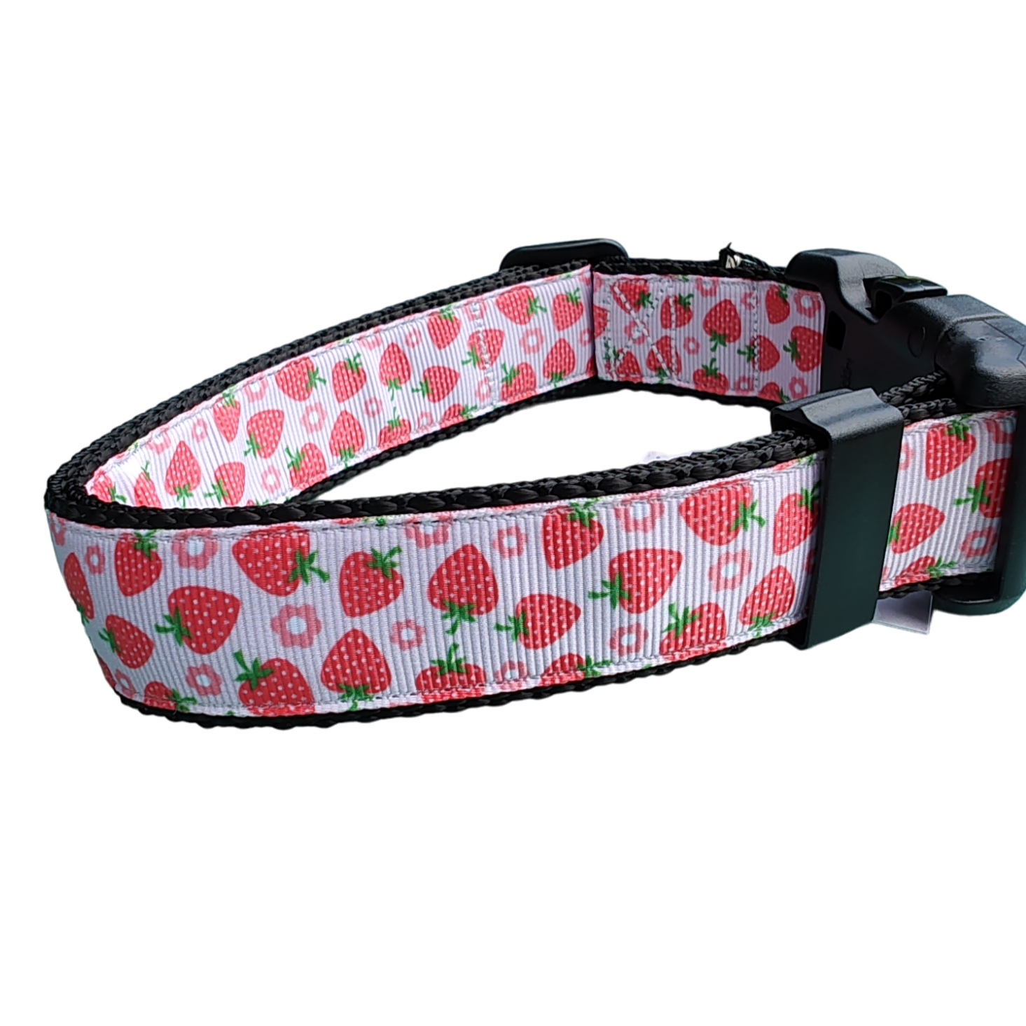 Strawberry Flowers Black Nylon Dog Collar MD, LG, XL, Leash - Doot's Pet LLC Collars For A Cause