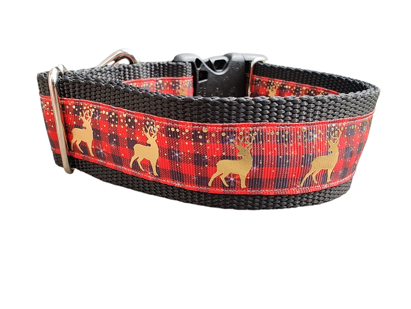 Red Plaid Deer 1.5" Wide Nylon Dog Collar