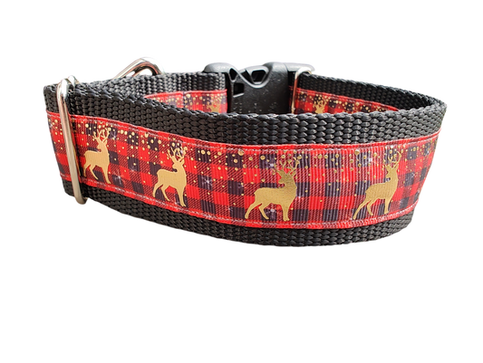 Red Plaid Deer 1.5" Wide Nylon Dog Collar