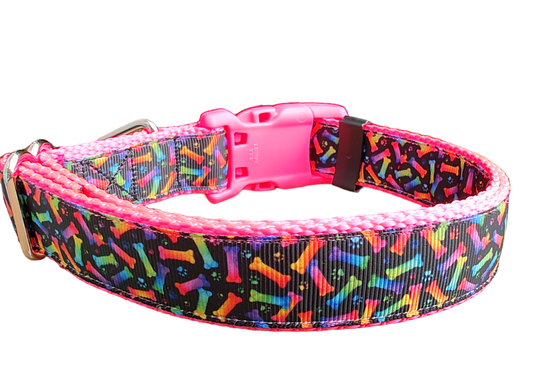 Neon Bones Hot Pink Nylon Dog Collar MD, LG, XL, Leash - Doot's Pet LLC Collars For A Cause