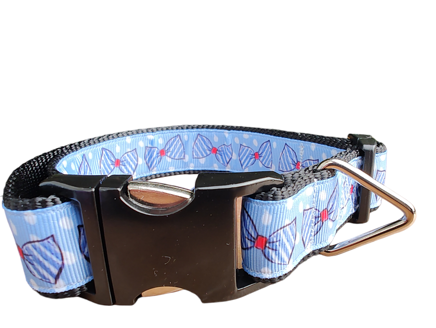 Blue Bow Ties Black Nylon Dog Collar MD, LG, XL, Leash - Doot's Pet LLC Collars For A Cause