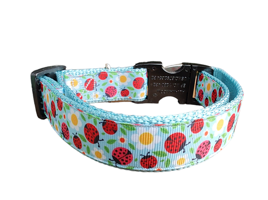 Ladybugs and Daisies Light Blue Nylon Dog Collar MD, LG, XL, Leash - Doot's Pet LLC Collars For A Cause