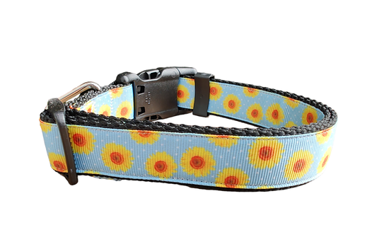 Yellow Flowers Black Nylon Dog Collar MD, LG, XL, Leash - Doot's Pet LLC Collars For A Cause