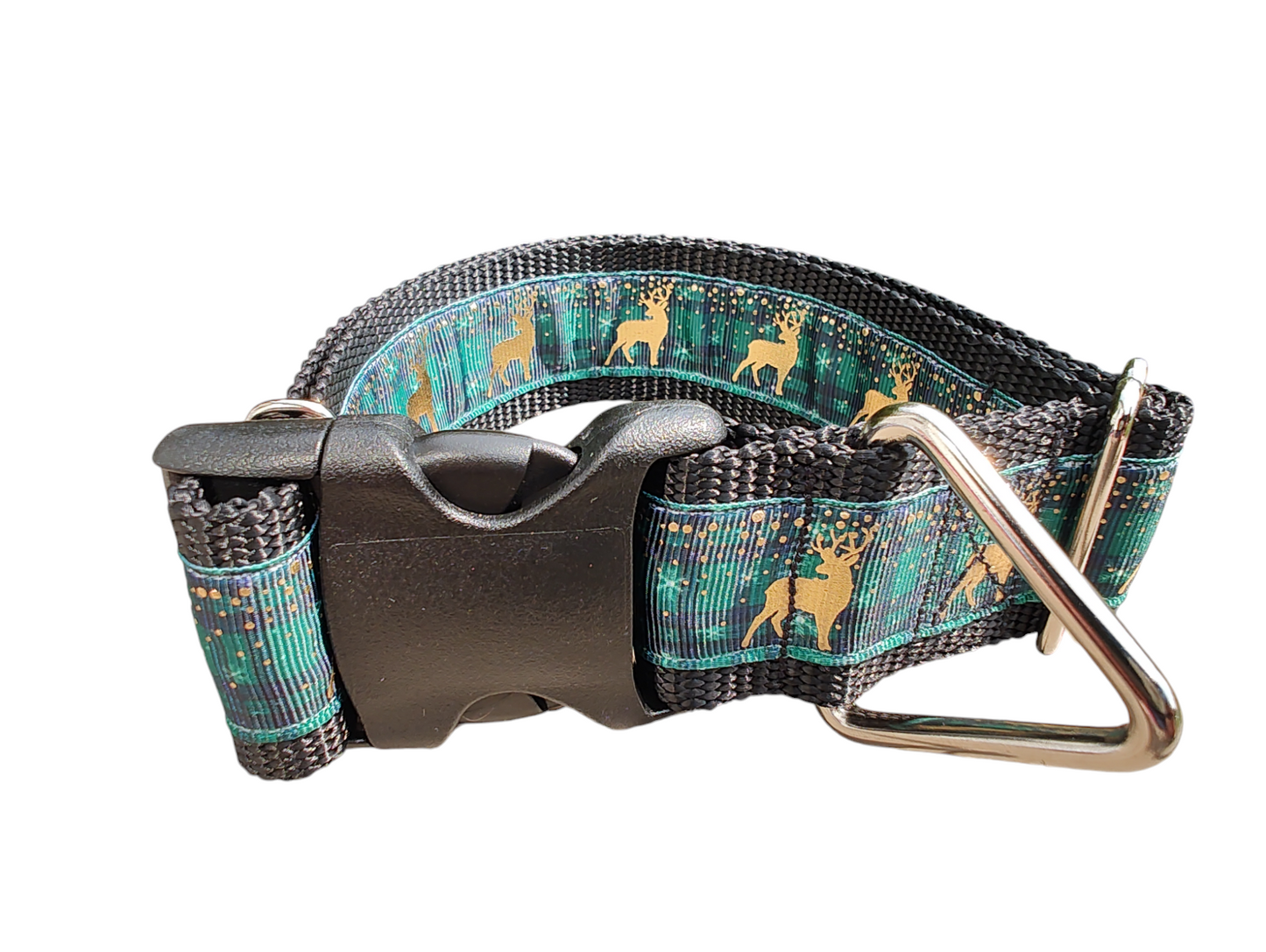 Green Plaid Deer 1.5" Wide Nylon Dog Collar