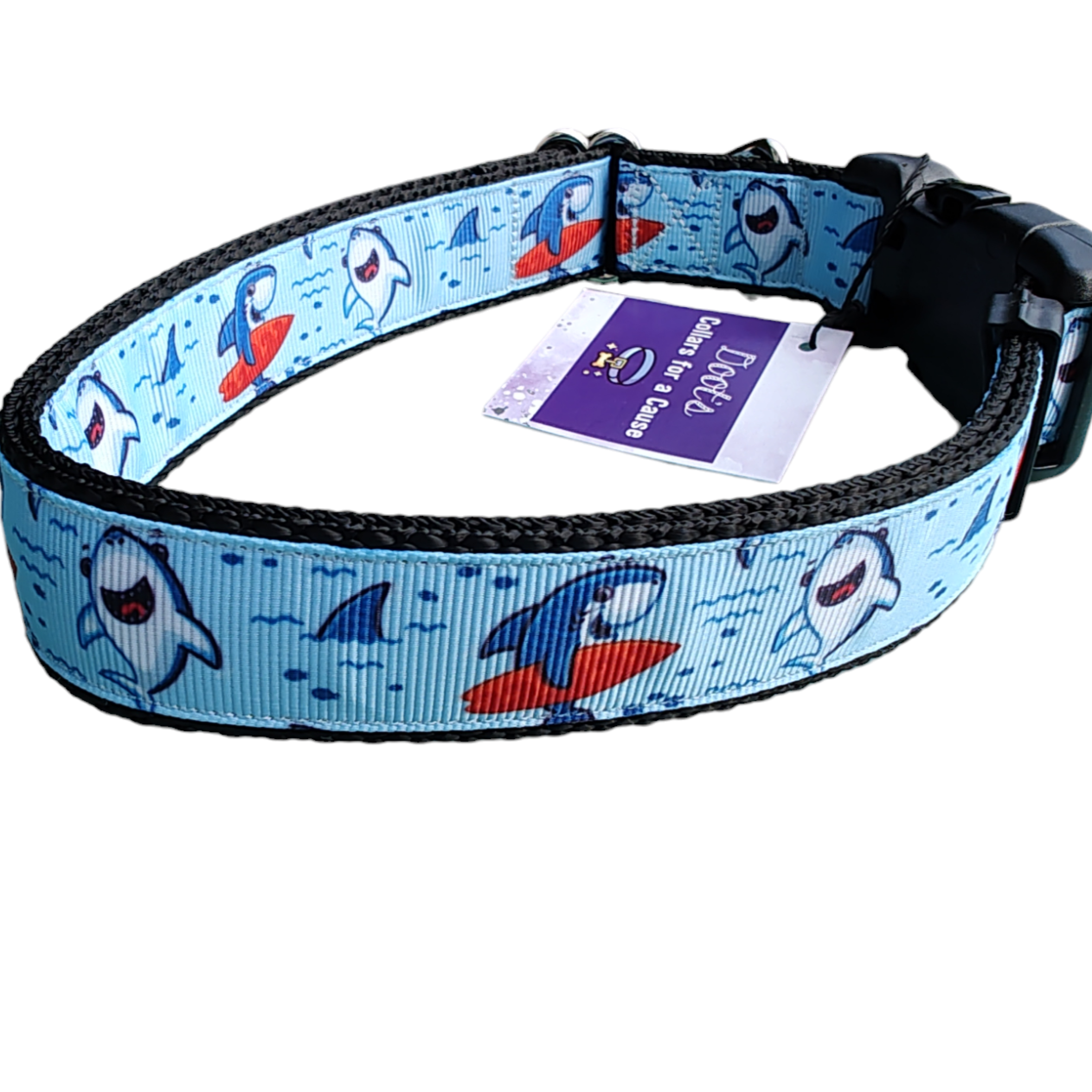 Surfer Sharks Black Nylon Dog Collar MD, LG, XL, Leash - Doot's Pet LLC Collars For A Cause
