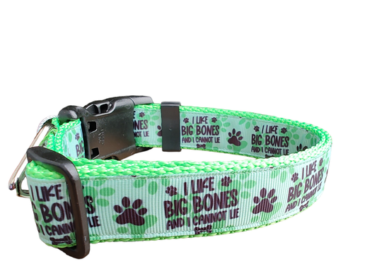 I Like Big Bones And I Cannot Lie Neon Green Nylon Dog Collar MD, LG, XL, Leash - Doot's Pet LLC Collars For A Cause