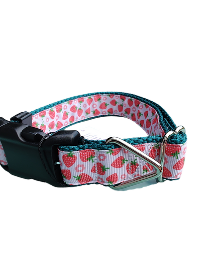 Strawberry Flowers Green Nylon Dog Collar MD, LG, XL, Leash - Doot's Pet LLC Collars For A Cause