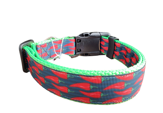 Spicy Red Pepper Neon Green Nylon Dog Collar MD, LG, XL, Leash - Doot's Pet LLC Collars For A Cause