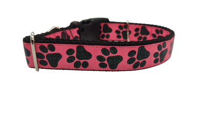 Black Glitter Paws On Pink Nylon Dog Collar