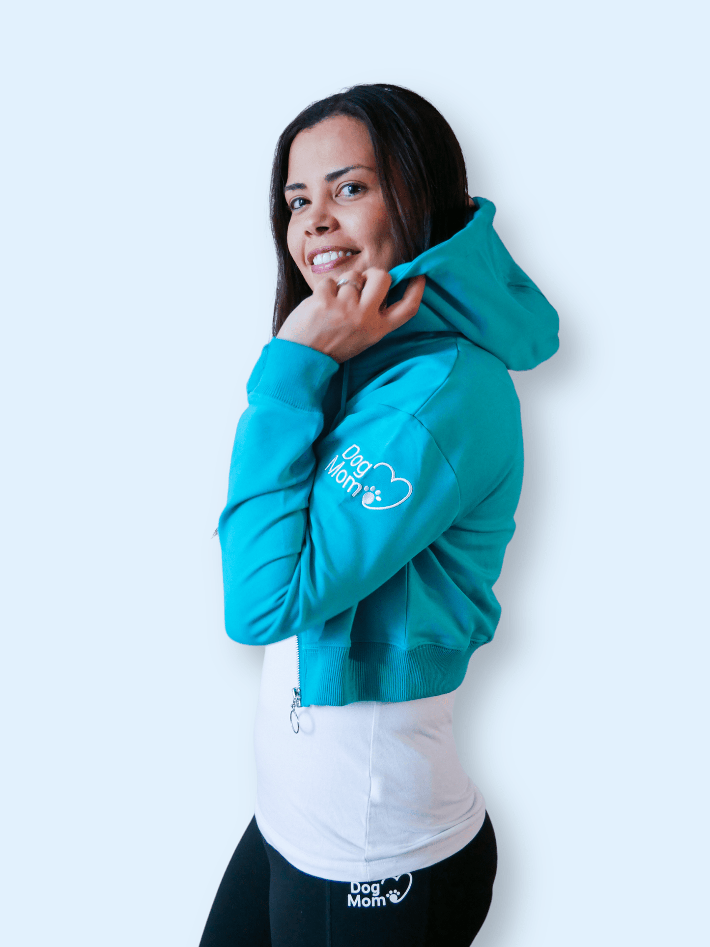 Dog Mom Crop Top Hoodie - Aqua